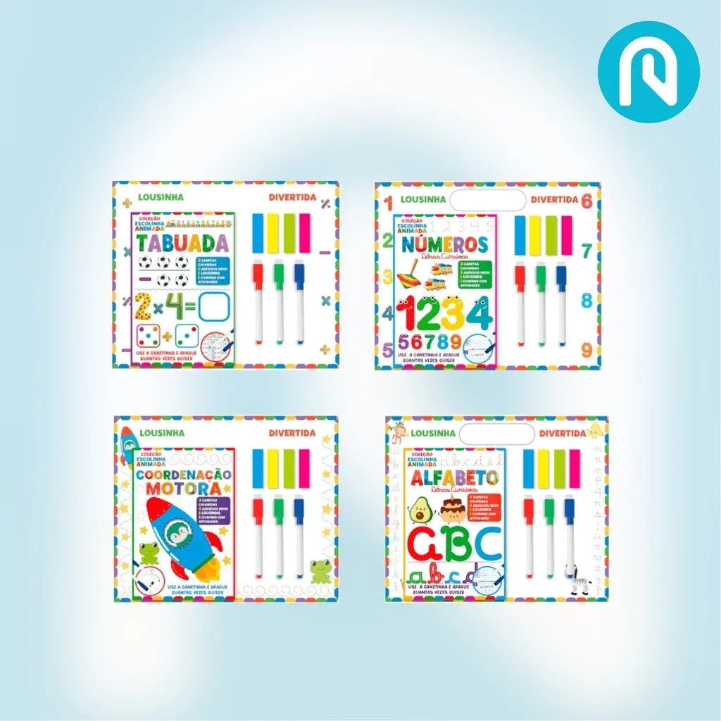 Kit Educativo Escolinha Animada com Lousa, Canetas Coloridas e Adesivos para Atividades Pedagógicas - Material Didático para Professores Educação Infantil e Crianças a partir de 4 Anos